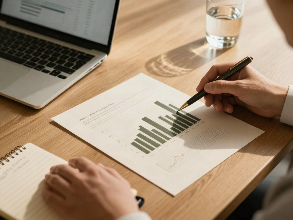 A business review in progress, with printed performance charts and a laptop on an oak table