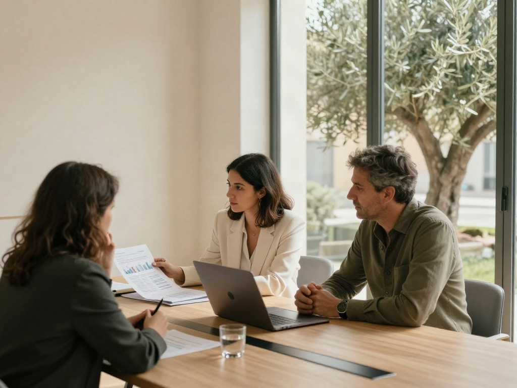Consultants collaborating around a table during a thoughtful strategy review